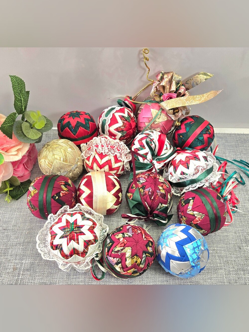 Vintage Quilted Christmas Ball Ornament Handmade Country Farmhouse Patchwork